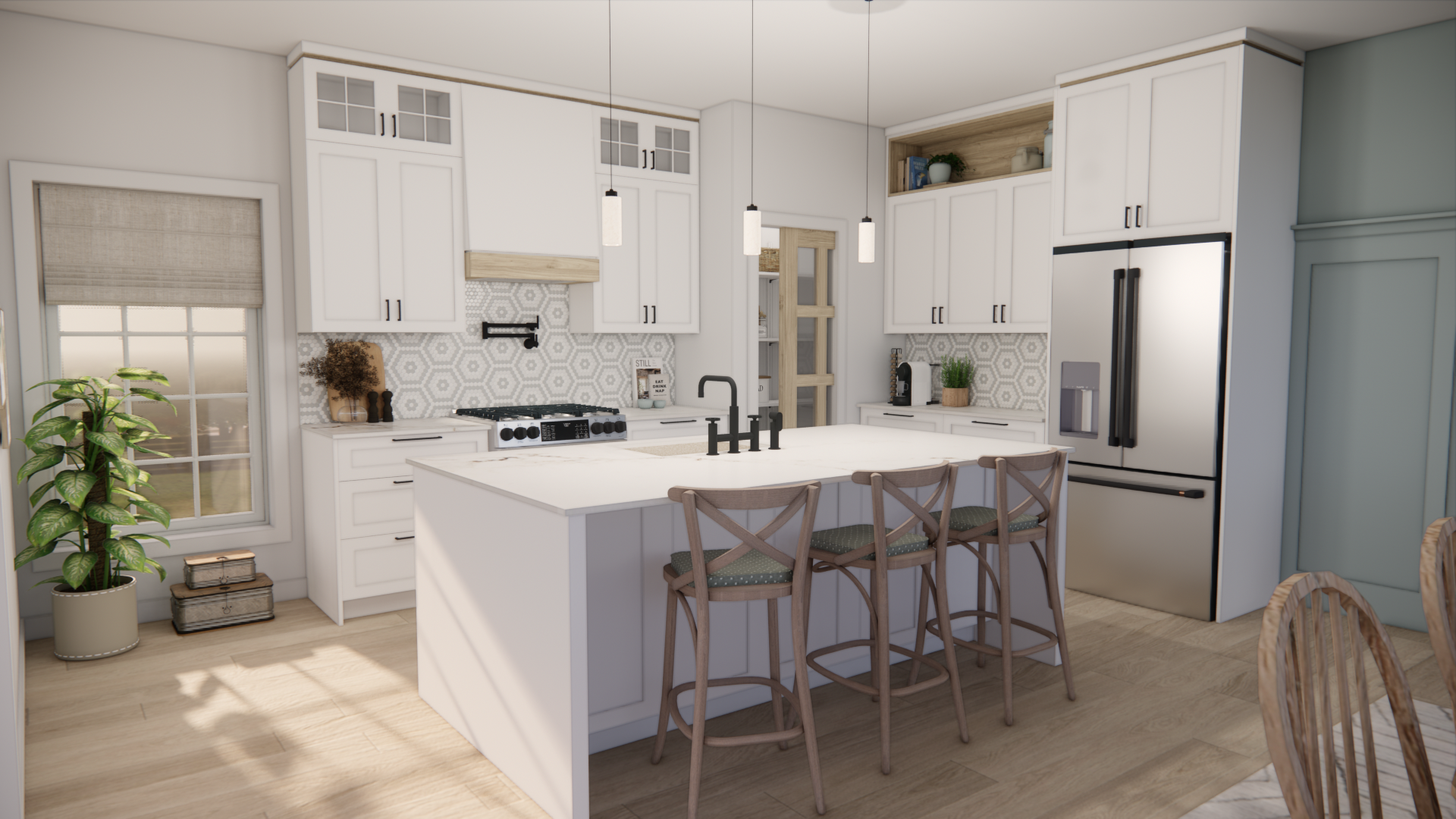 Cuisine moderne blanche avec îlot central, électroménagers en acier inoxydable et plancher en bois.