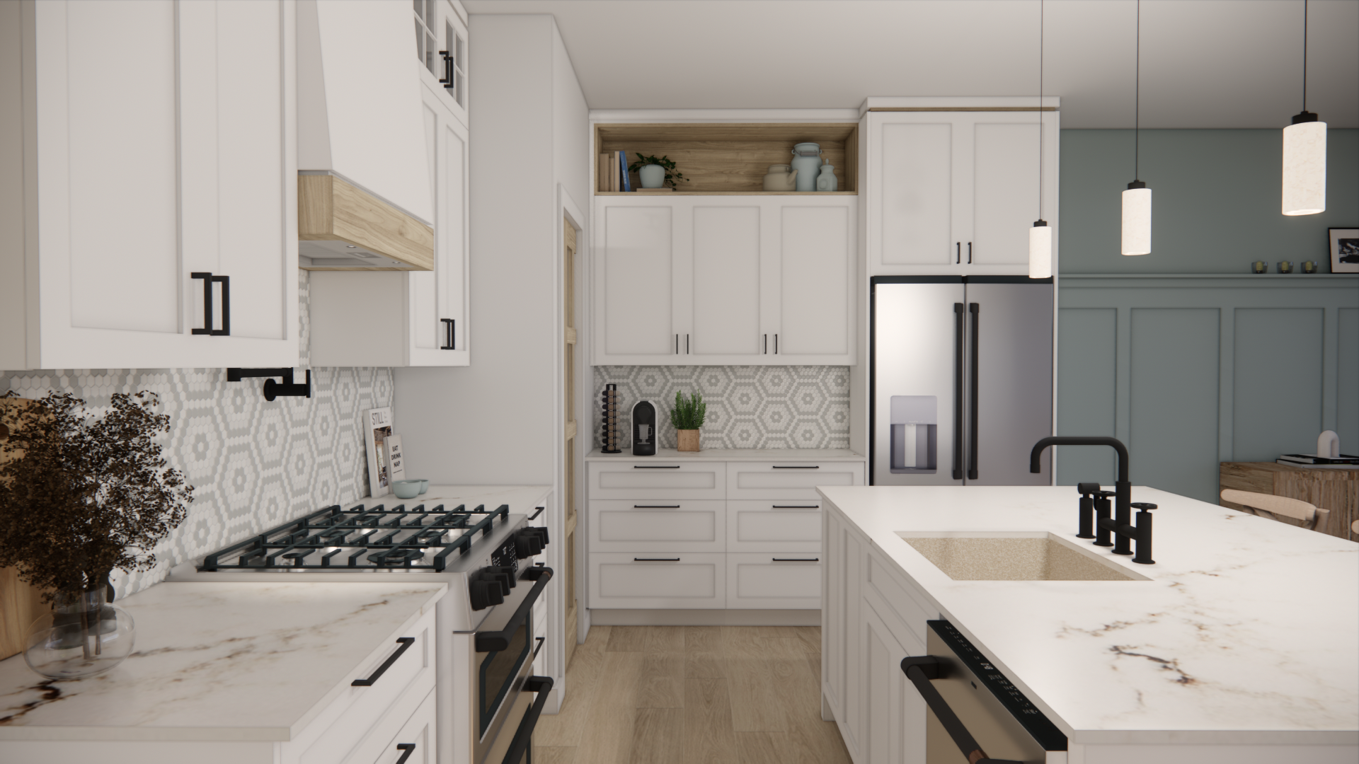 Cuisine moderne avec armoires blanches, comptoirs en marbre, électroménagers en acier inoxydable et îlot central.