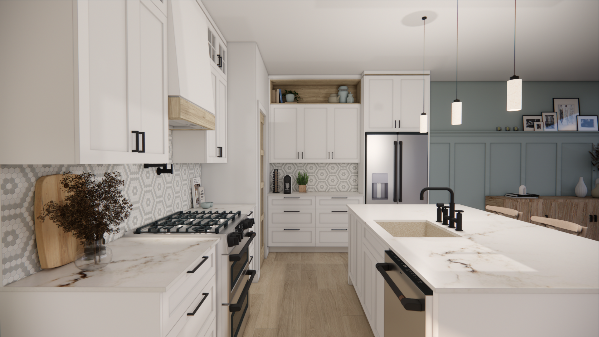 Cuisine moderne blanche avec îlot central, comptoirs en marbre, quincaillerie noire et plancher en bois clair.