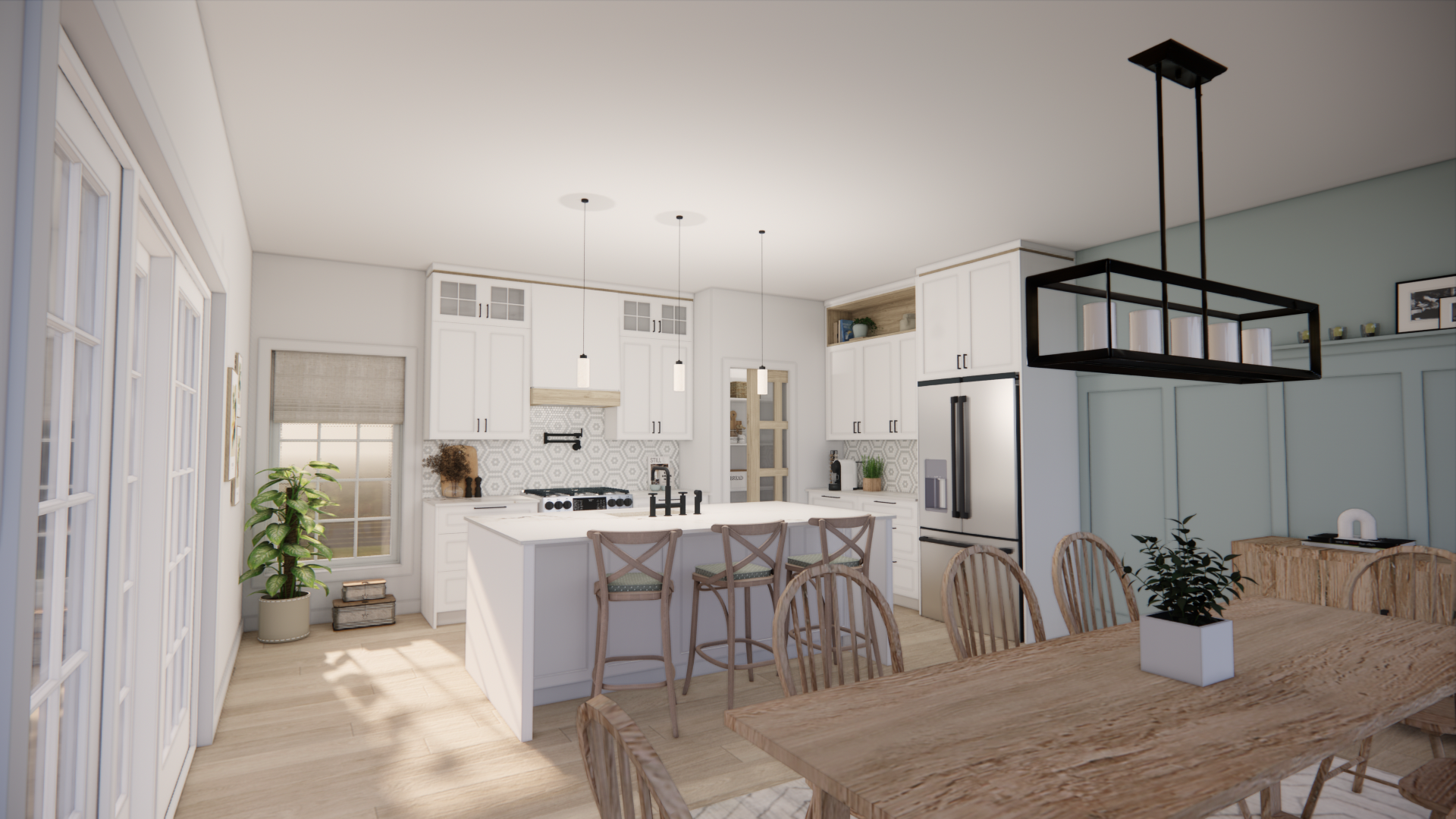 Cuisine lumineuse et aérée avec placards blancs, îlot central et coin repas avec table en bois.