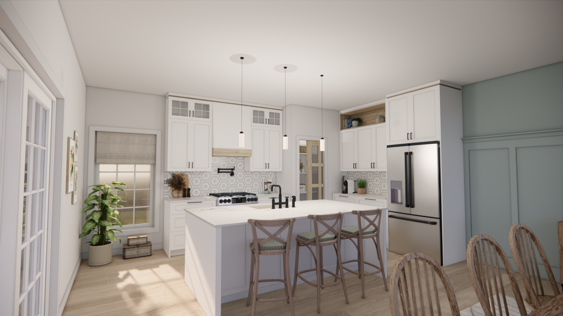 Cuisine lumineuse avec placards blancs, îlot central avec tabourets, réfrigérateur en inox et chaises de salle à manger en bois.