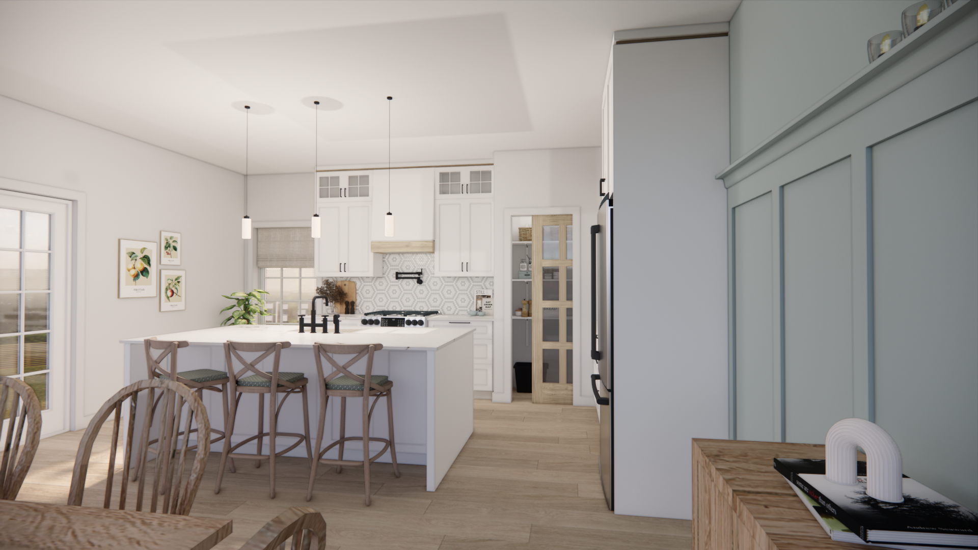 Cuisine spacieuse avec un îlot blanc, des chaises en bois et des lambris bleu clair.