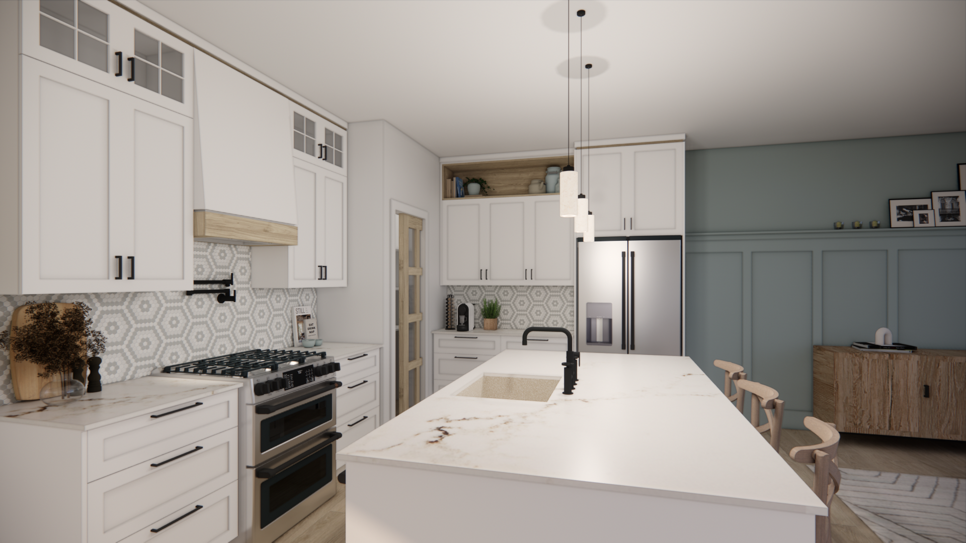 Cuisine blanche moderne avec îlot central, plaque de cuisson et placards. Éléments en bois clair et mur d'accent bleu.