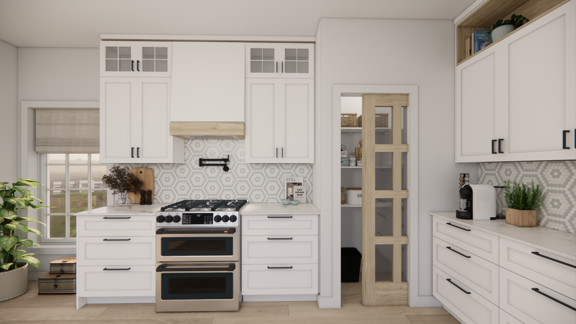 Cuisine blanche avec placards, four et garde-manger. Une fenêtre et des plantes se trouvent à gauche.