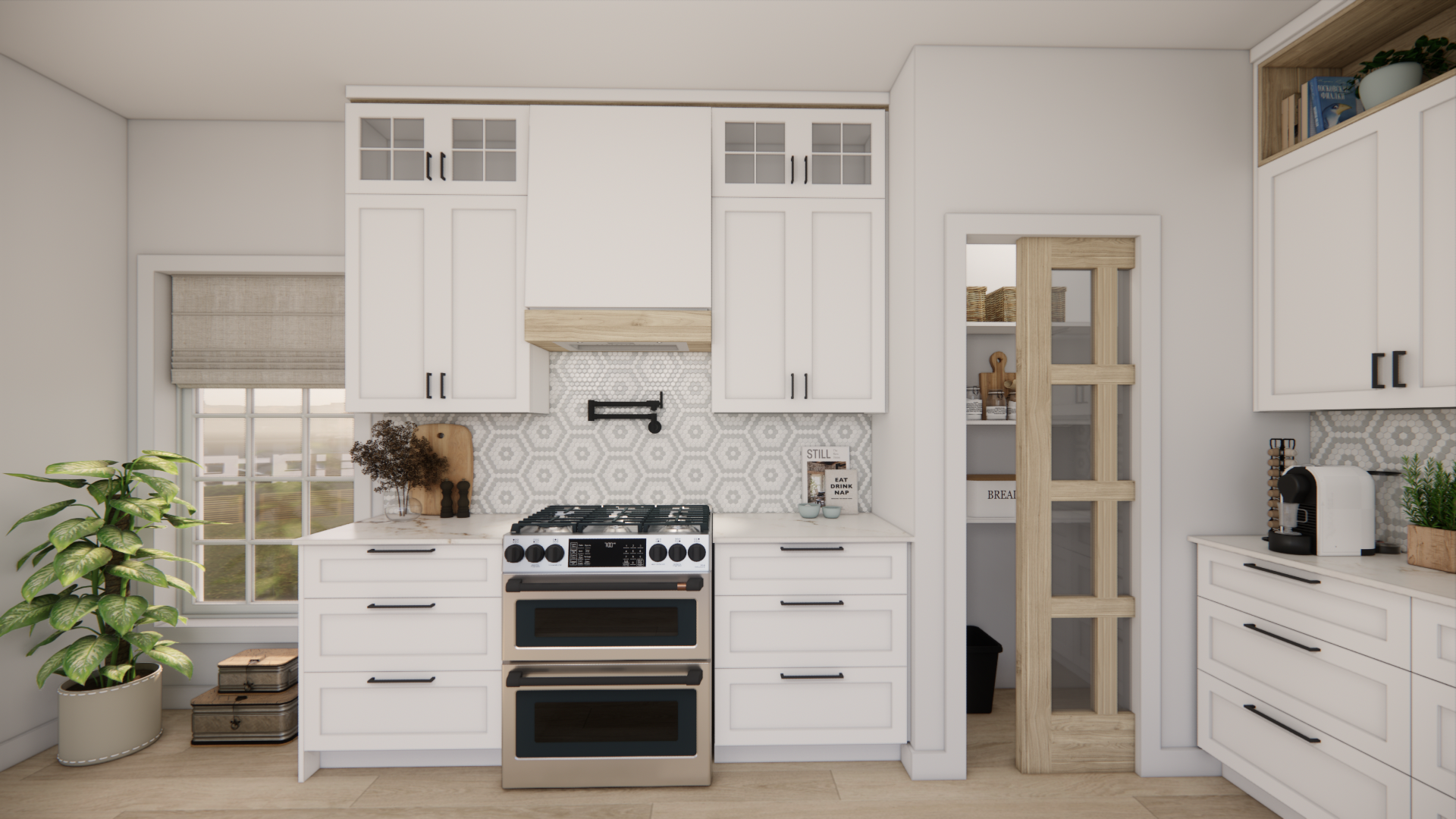 Cuisine blanche avec cuisinière, placards, porte de garde-manger, fenêtre et plantes.