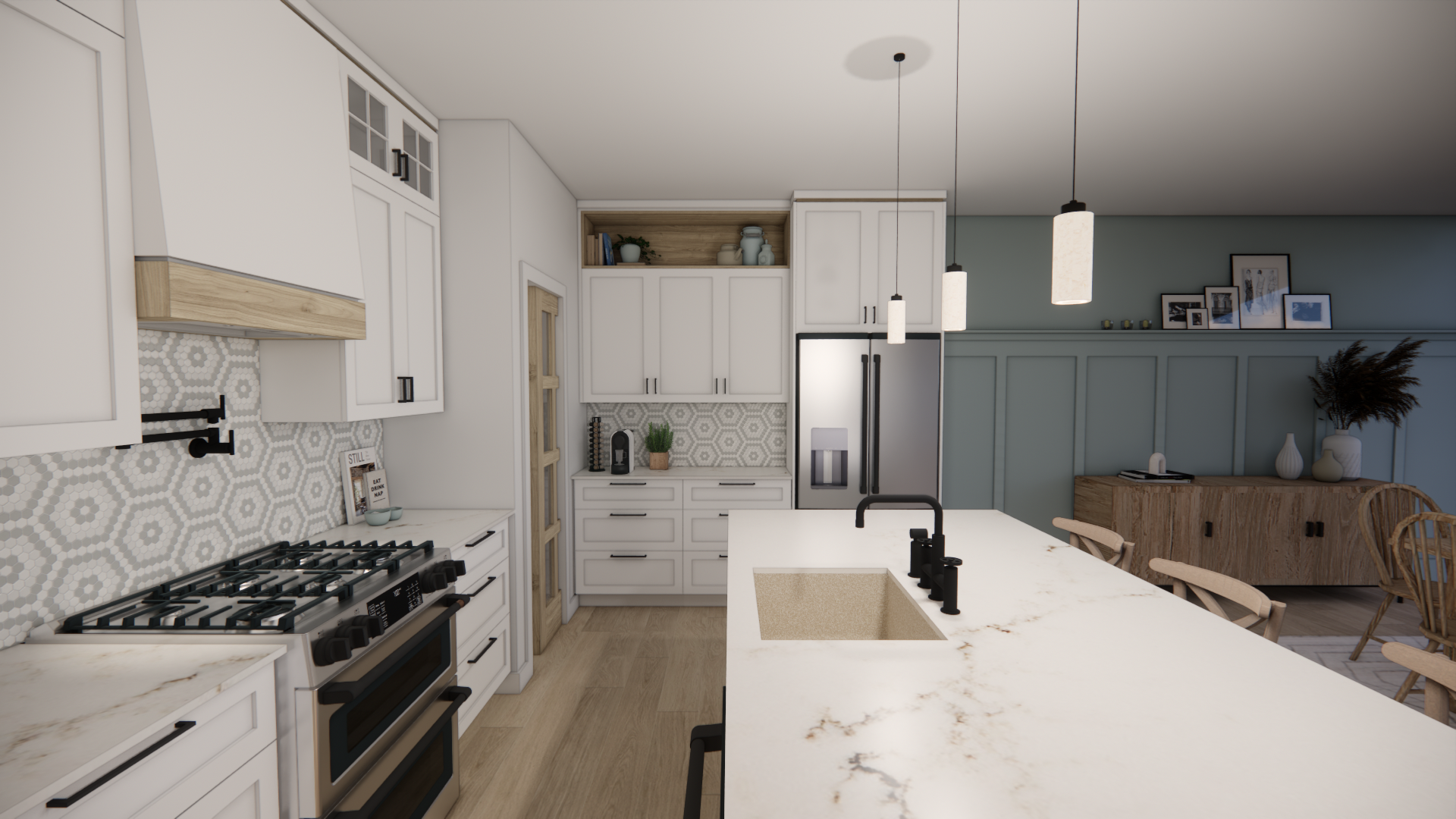 Cuisine blanche moderne avec îlot central, cuisinière et coin repas.