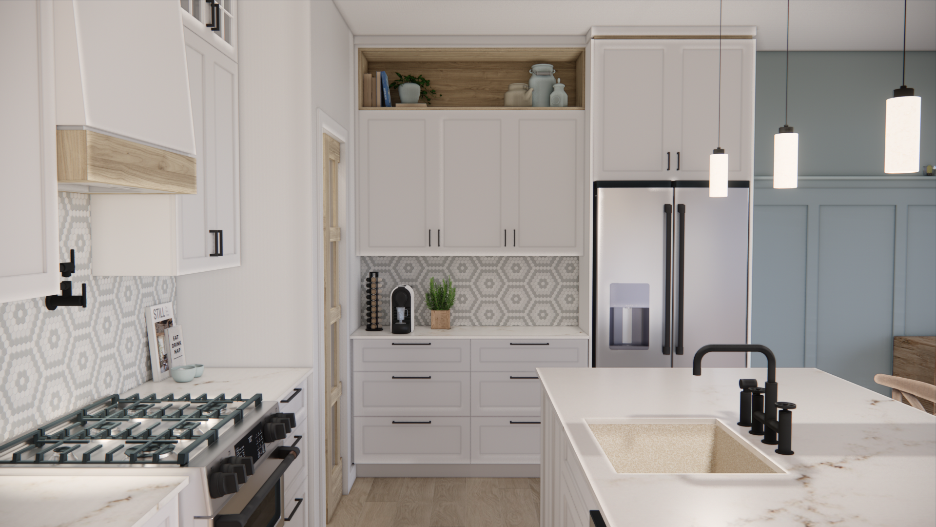 Cuisine blanche moderne avec îlot central, réfrigérateur en acier inoxydable et crédence décorative.