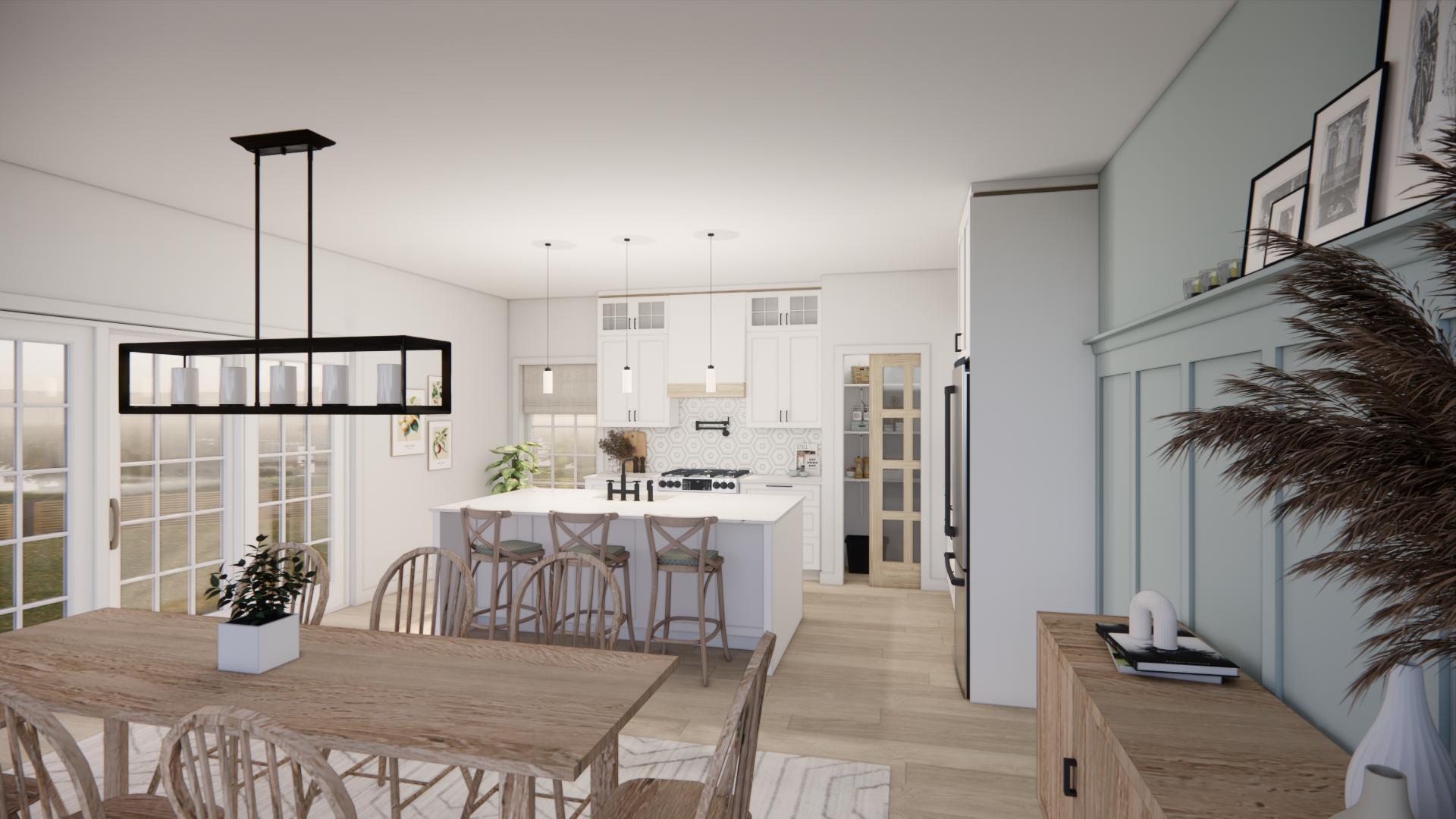 Cuisine et salle à manger modernes avec placards blancs, table en bois et mur d'accent bleu clair.