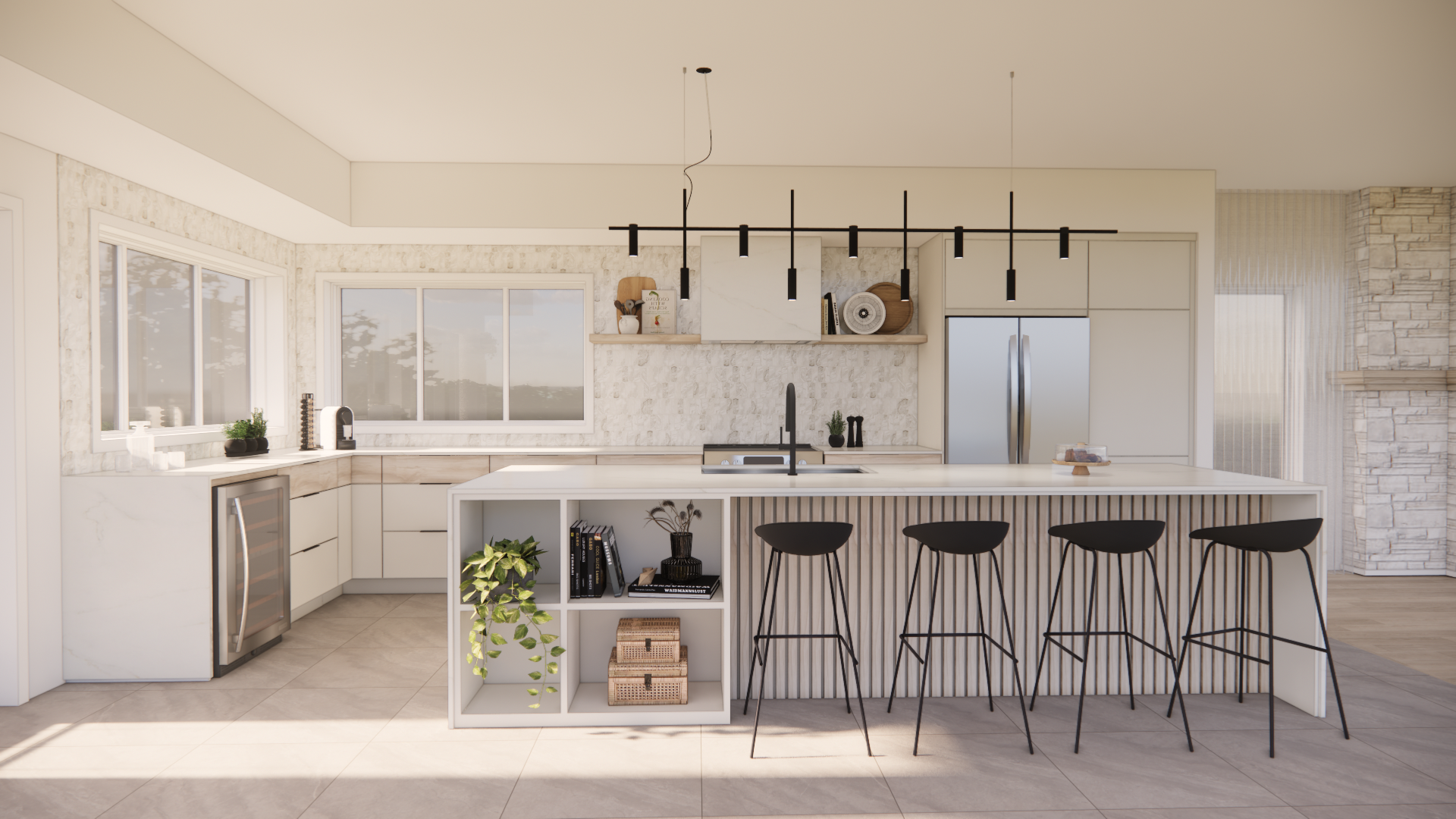 Cuisine moderne avec armoires blanches, îlot avec tabourets et éclairage suspendu.