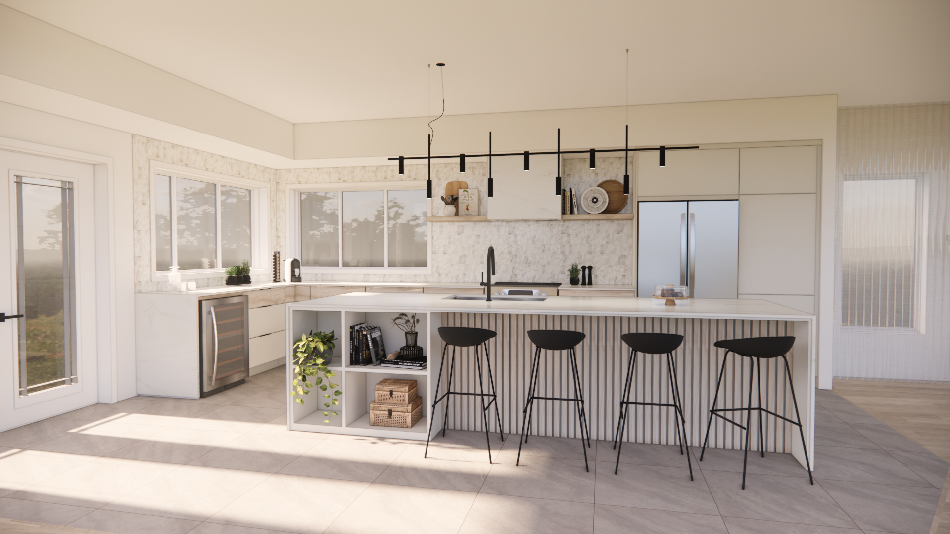 Cuisine moderne avec placards blancs, îlot central avec tabourets et grandes fenêtres.