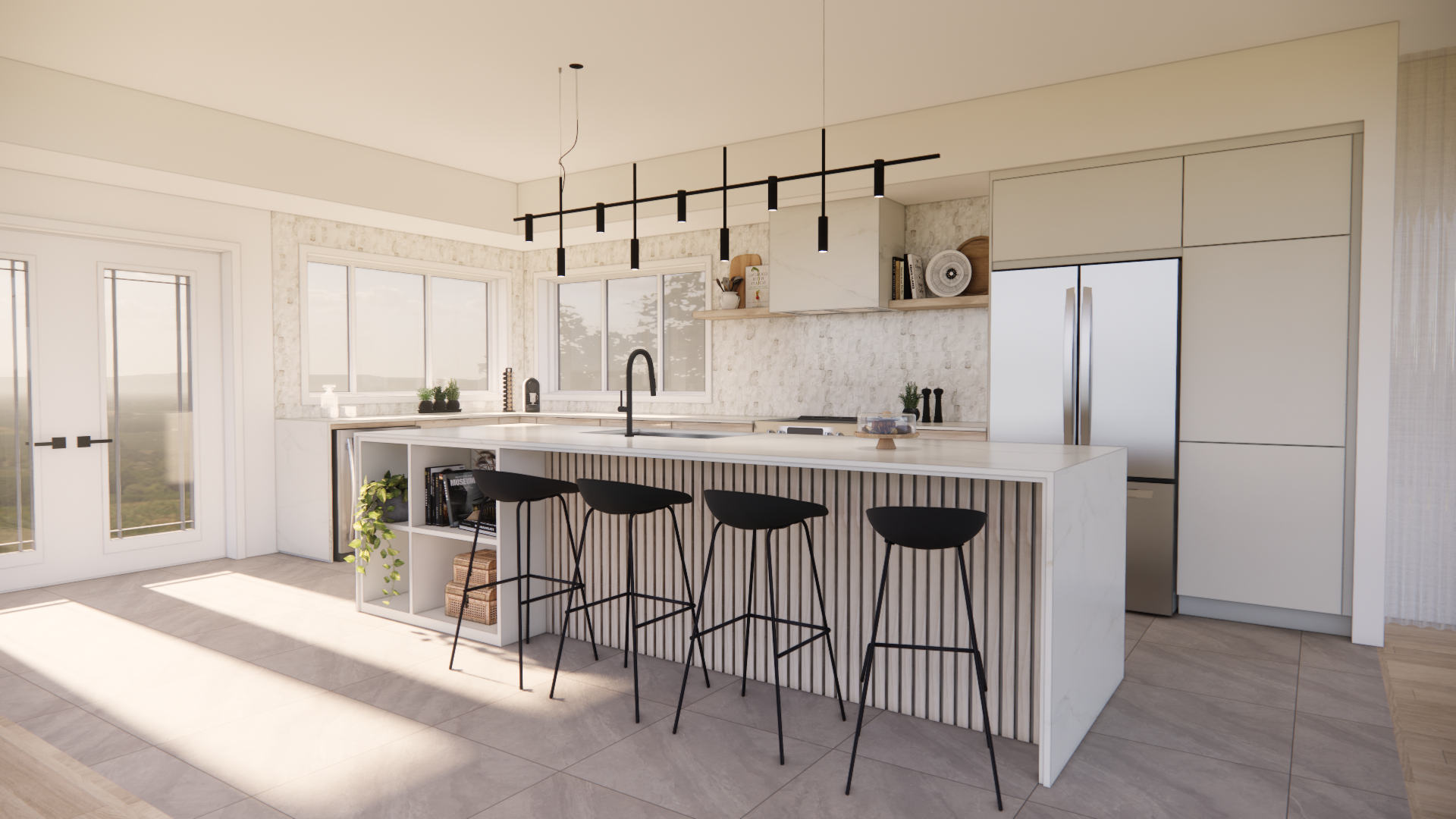 Cuisine moderne avec armoires blanches, îlot central avec tabourets noirs et appareils électroménagers en acier inoxydable.