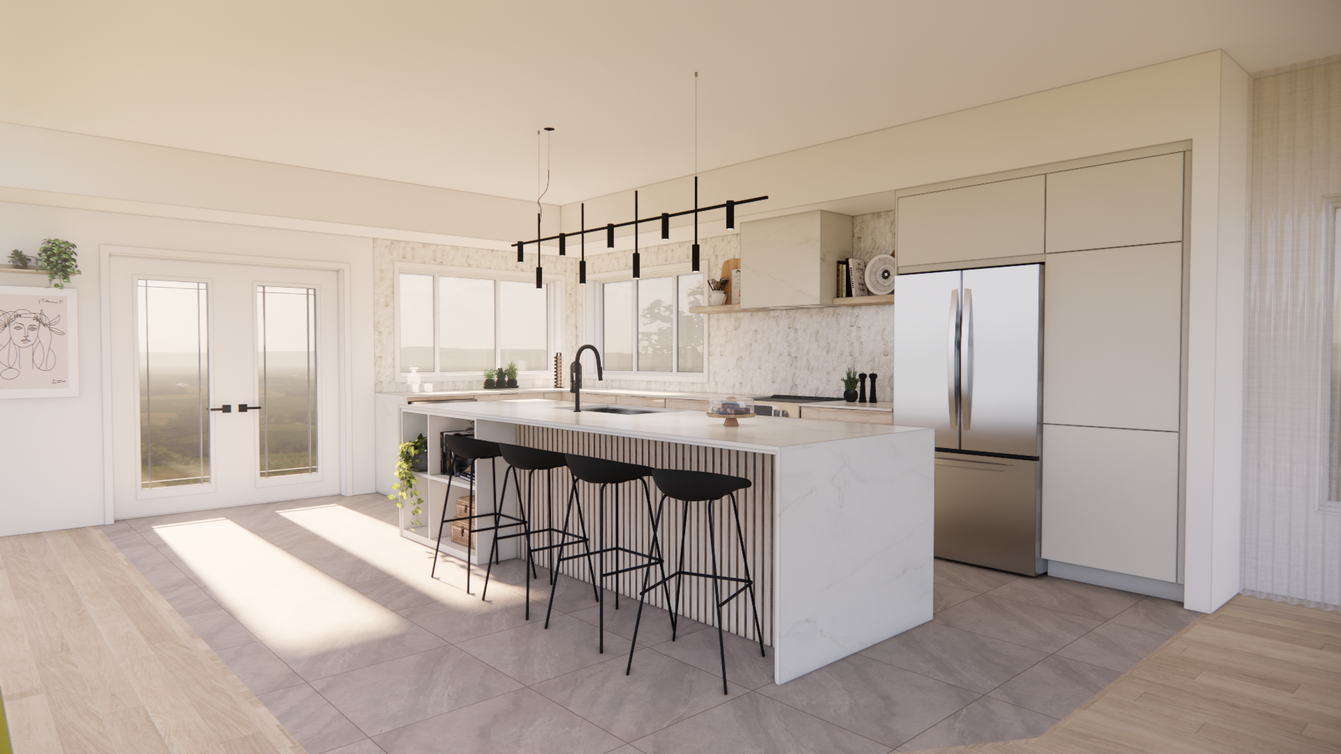 Cuisine moderne avec armoires blanches, îlot avec tabourets et électroménagers en acier inoxydable.