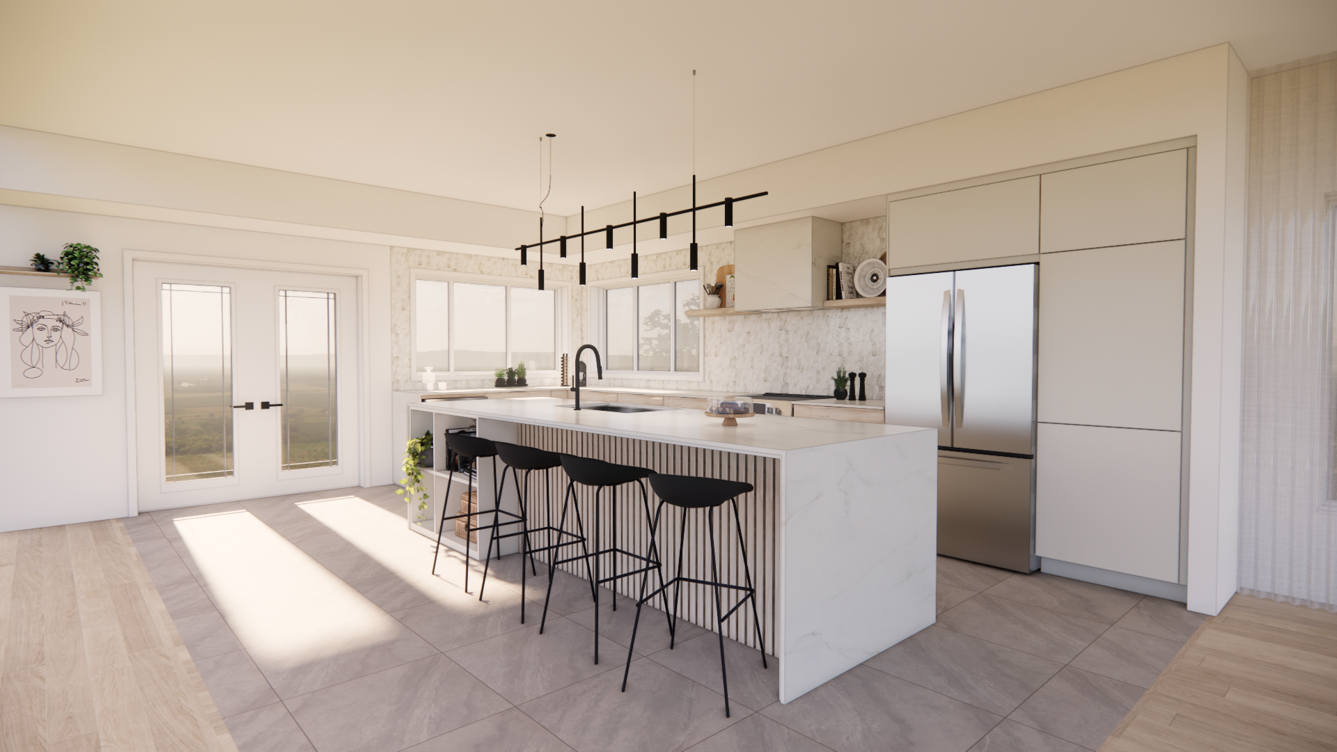 Cuisine moderne avec armoires blanches, îlot et tabourets de bar.