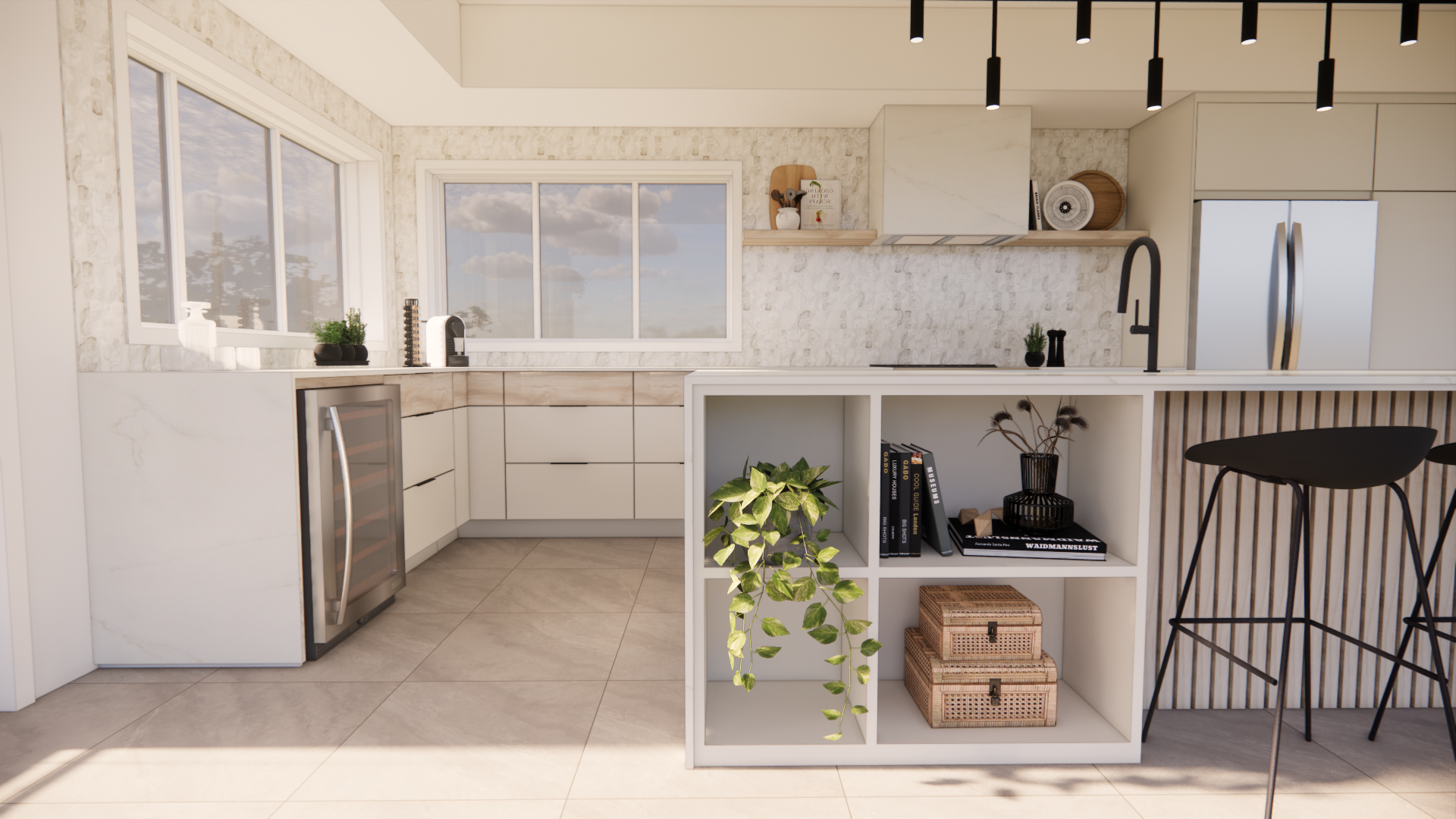 Cuisine moderne avec armoires blanches, électroménagers en acier inoxydable et îlot avec tabourets de bar.