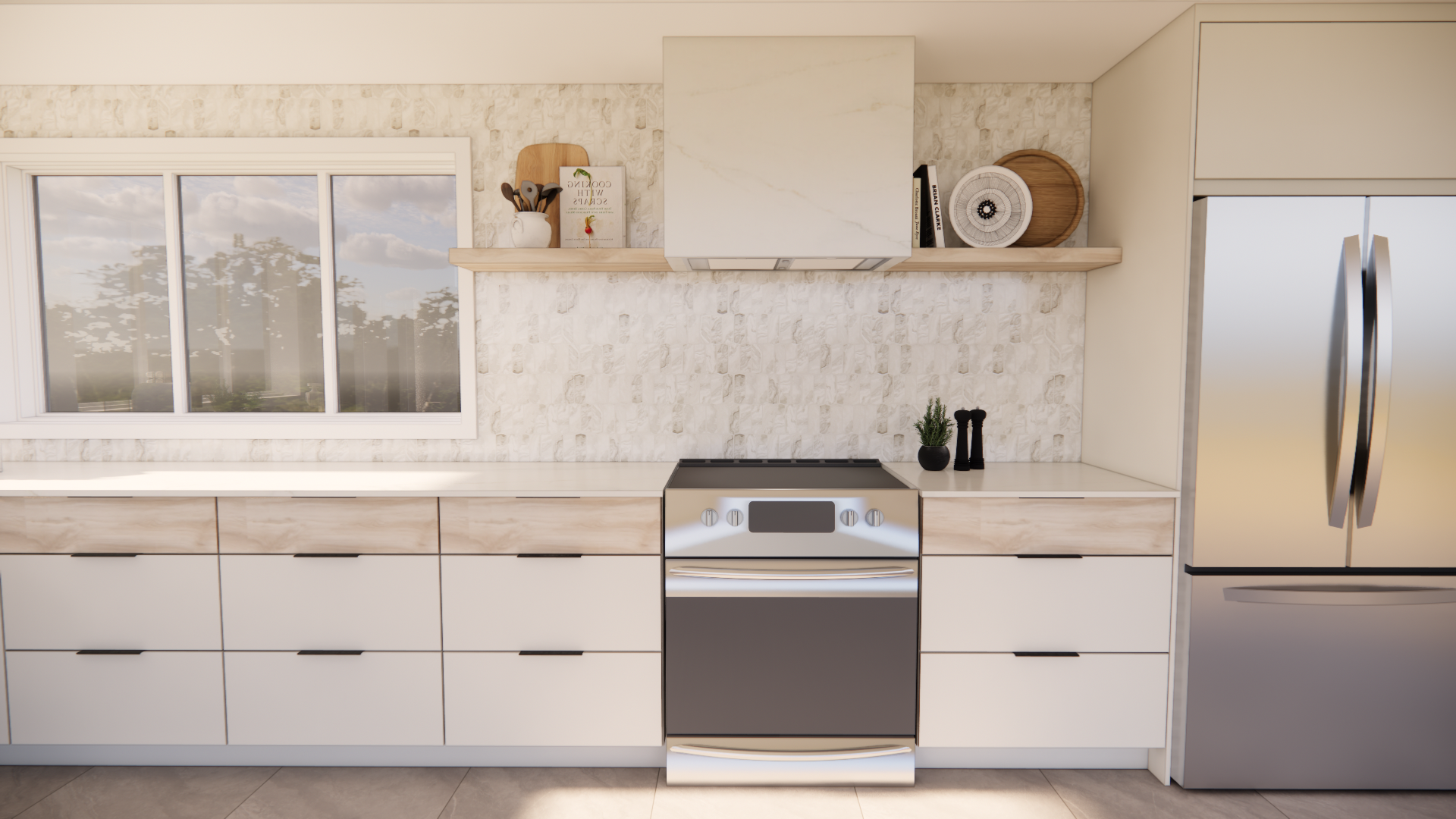 Cuisine moderne avec placards blancs, appareils électroménagers en acier inoxydable et une fenêtre.