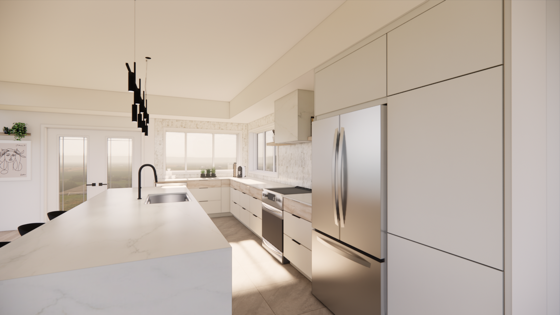 Cuisine blanche moderne avec îlot central, appareils électroménagers en acier inoxydable et éclairage minimaliste.