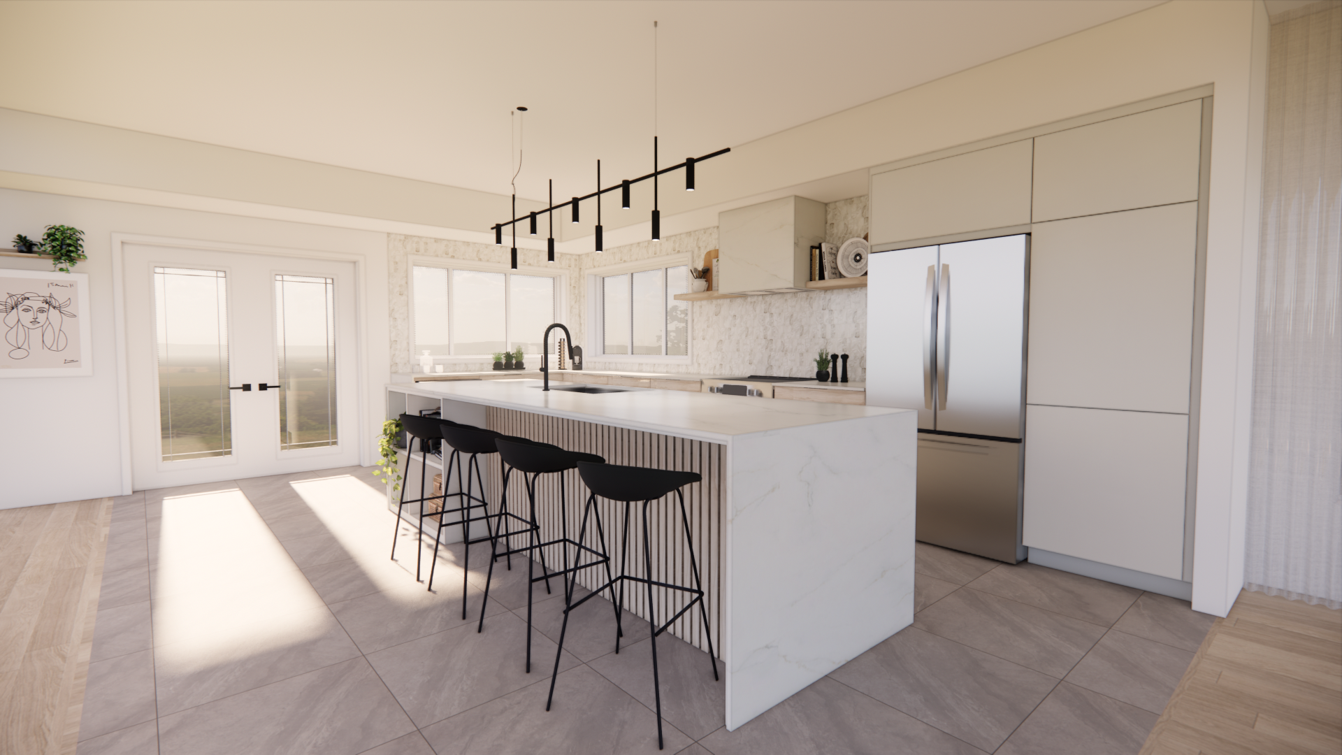 Cuisine moderne avec armoires blanches, grand îlot avec tabourets noirs, électroménagers en acier inoxydable et lumière naturelle.