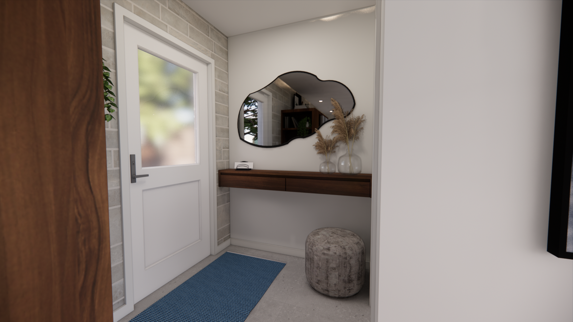 Entrée avec porte blanche, miroir nuage, console et pouf à motifs.