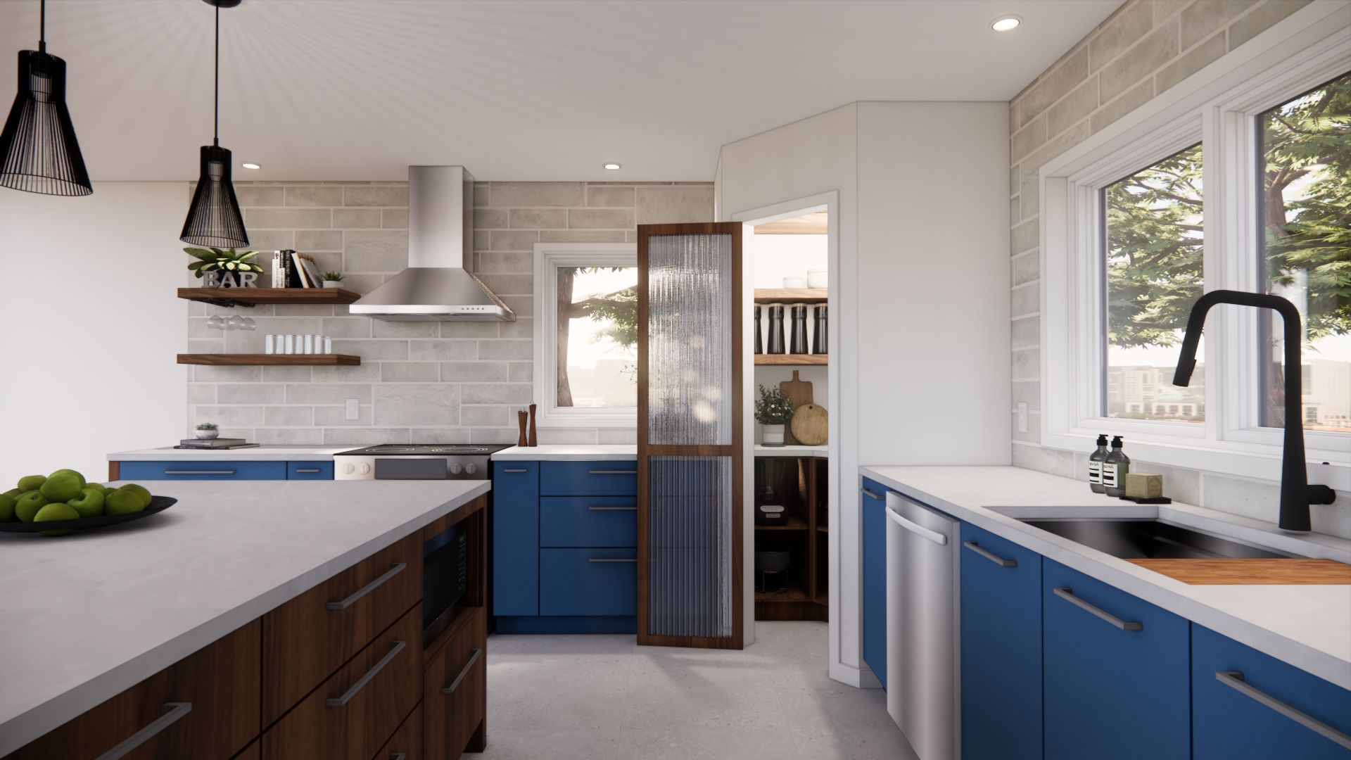 Cuisine moderne avec placards bleus, îlot en bois et garde-manger.