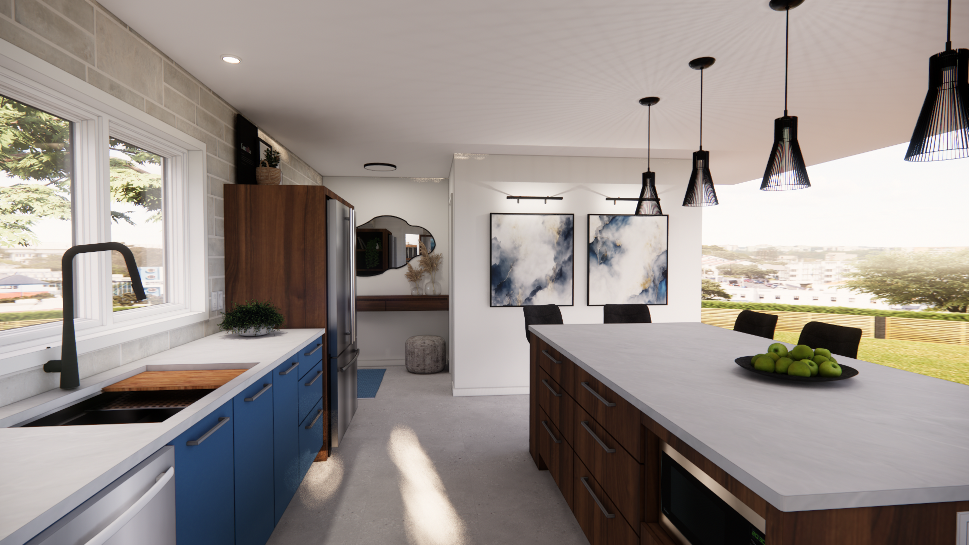 Cuisine moderne avec placards bleus, îlot central en bois, suspensions lumineuses et vue sur un espace vert.