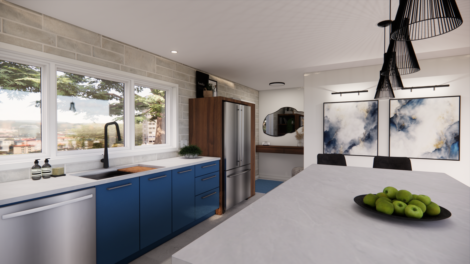 Cuisine moderne avec placards bleus, appareils électroménagers en acier inoxydable et grande fenêtre.