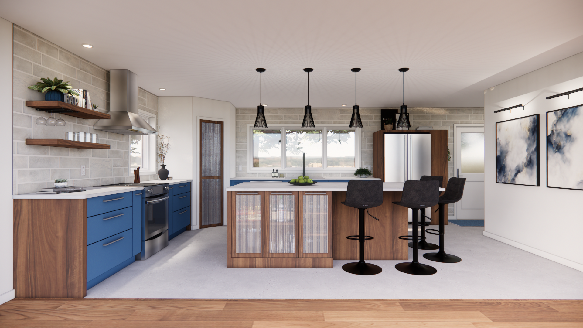 Cuisine moderne avec placards bleus et en bois, îlot central avec tabourets et suspensions lumineuses.