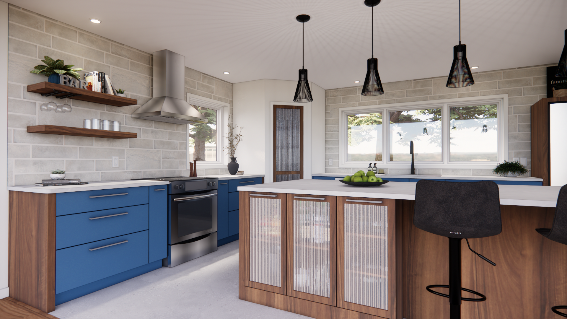 Cuisine moderne avec placards bleus, appareils électroménagers en acier inoxydable et îlot en bois avec tabourets de bar.