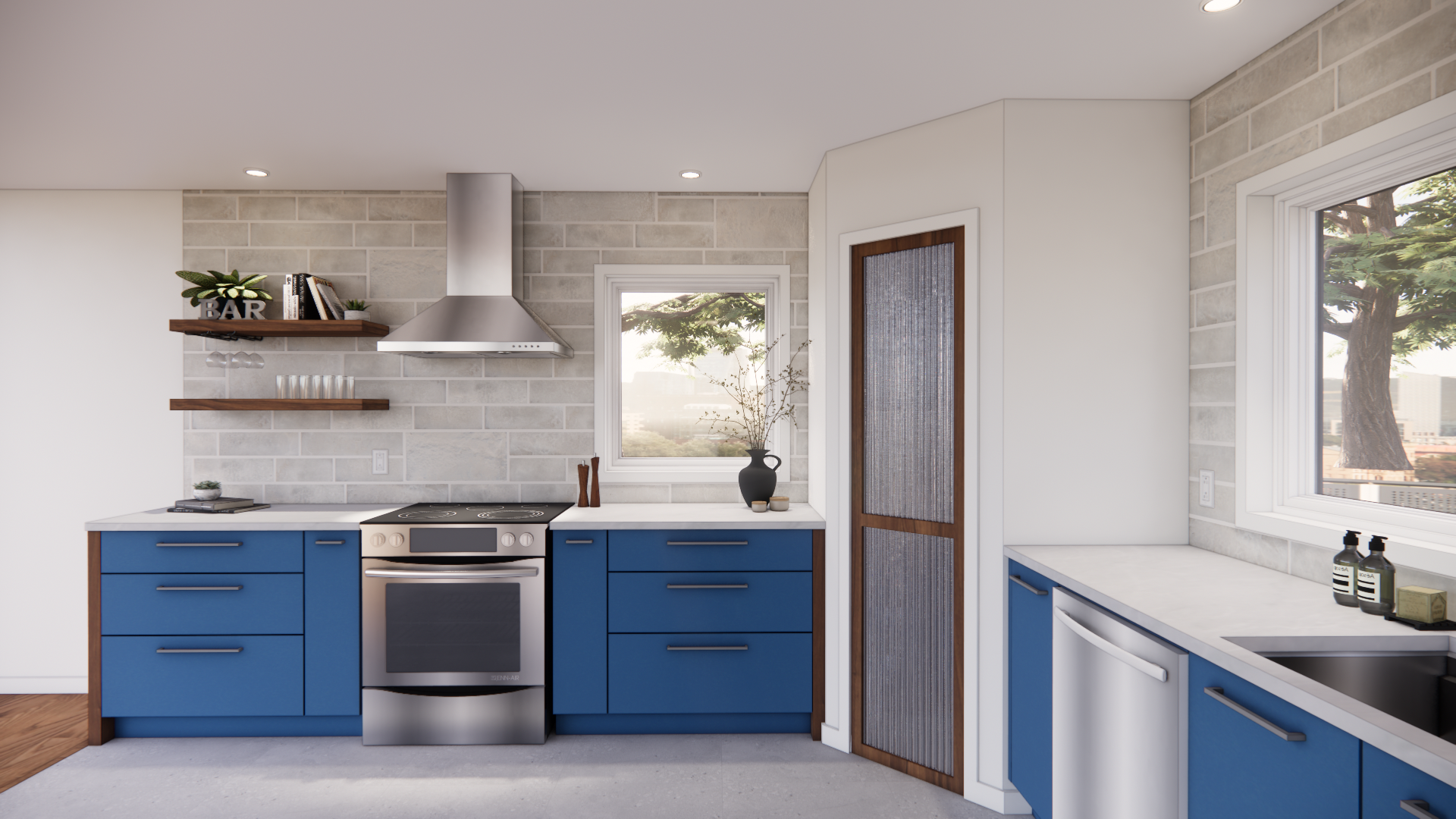 Cuisine bleue avec appareils électroménagers en acier inoxydable, étagères ouvertes et fenêtre.