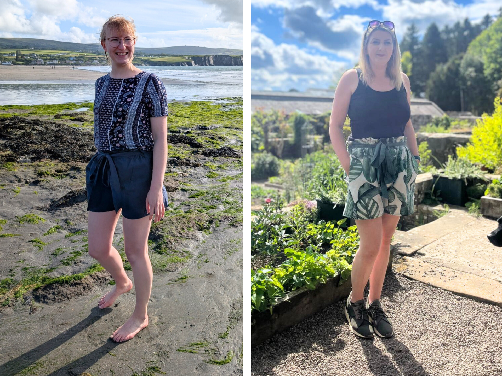 2 ladies wearing the shorts that they have made from the Grace Trouser pattern, sold by A Sewing Life