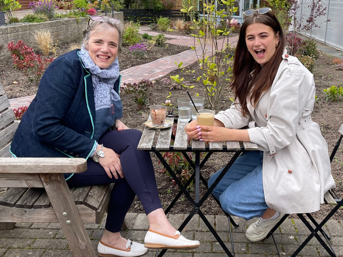 Lisa Walters enjoying a drink with her daughter who helps out with A Sewing Life
