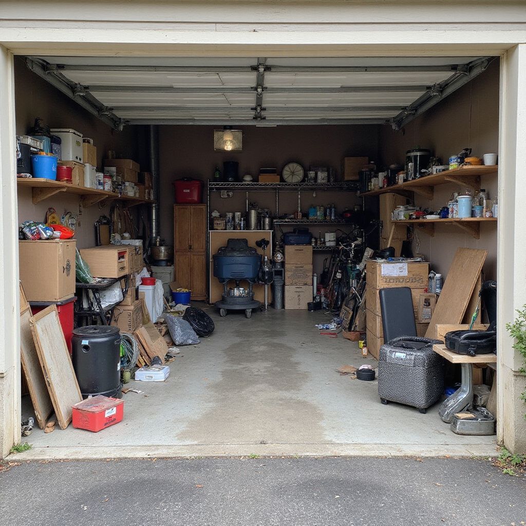 Cluttered garage interior with shelves, boxes, and various items, viewed from the outside, open garage door.