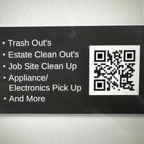 Black sign with services offered: trash outs, estate clean outs, job site cleanup, appliance/electronics pickup, and more; a QR code is on the right.