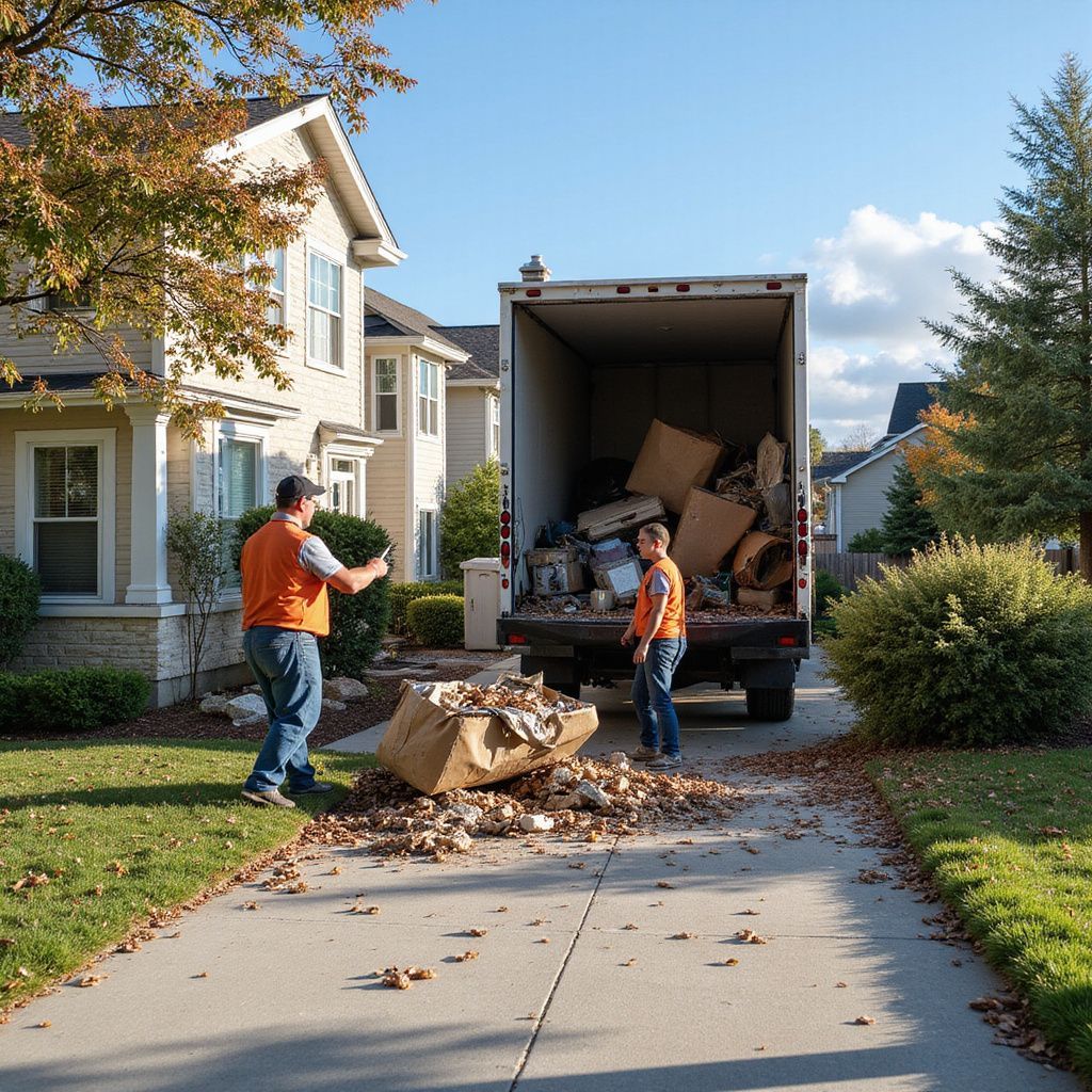 Two men in orange vests unloading a truck of items from a house in a residential neighborhood.