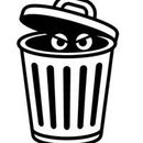 Trash can with angry eyes peering from within.