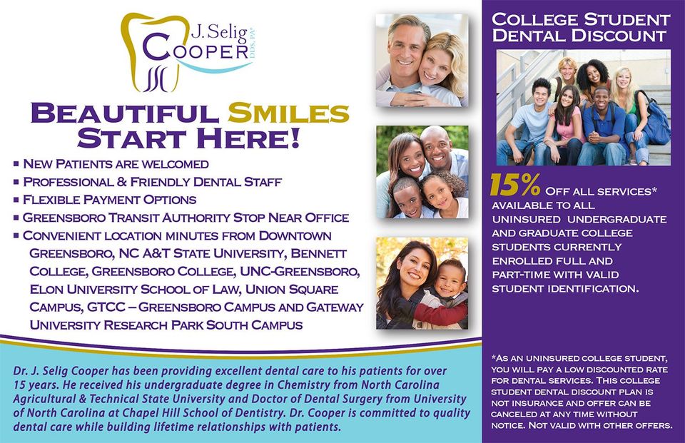 Greensboro, NC Family Dentist J. Selig Cooper Promotions & Special