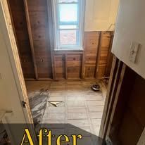 A picture of a bathroom before and after being remodeled.