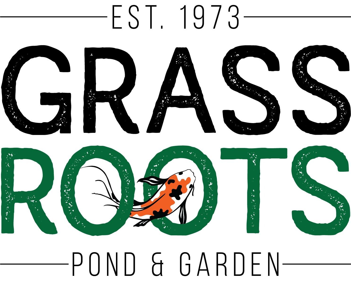 A logo for grass roots pond and garden with a fish in the middle.