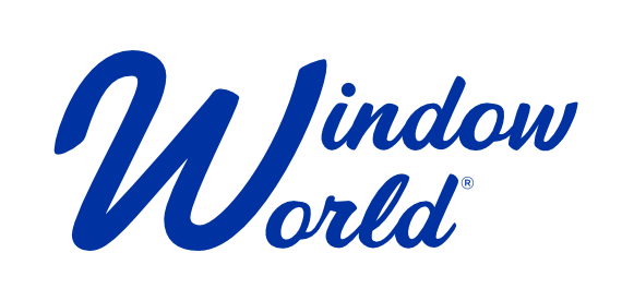 A blue logo for window world on a white background.