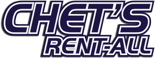 A blue and white logo for chet 's rental all