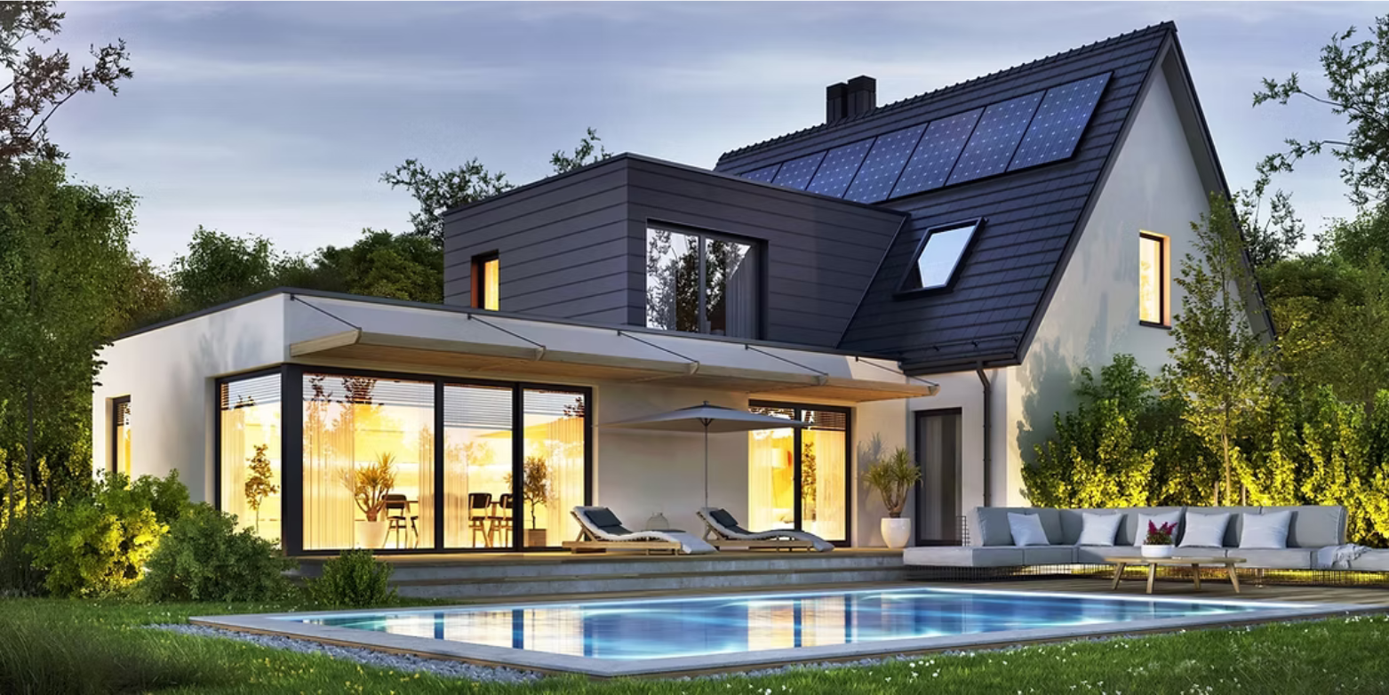 Modern house with a pool, featuring solar panels, large windows, and outdoor seating in a lush green setting.