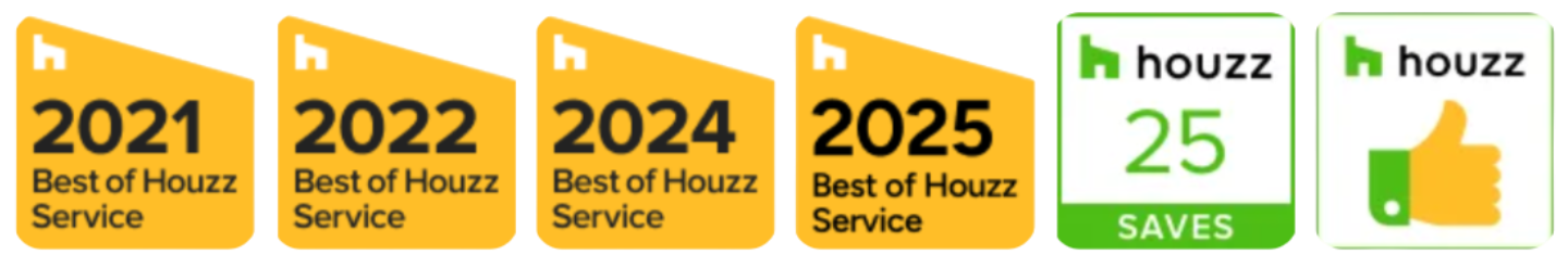 Houzz badges for 2021, 2022, 2024, and 2025 Best of Service, and a thumbs-up icon.