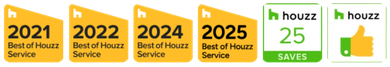 Houzz badges for 2021, 2022, 2024, and 2025 Best of Service, and a thumbs-up icon.