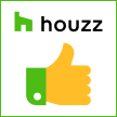 Houzz logo with green house icon and yellow thumbs-up, on a green border.