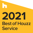 2021 Best of Houzz Service badge, a yellow angled rectangle with a white house icon and black text.