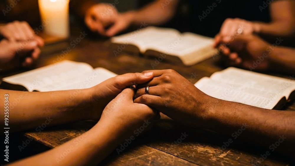 A group of people sitting around a wooden table in dim lighting, holding hands in prayer over open books.