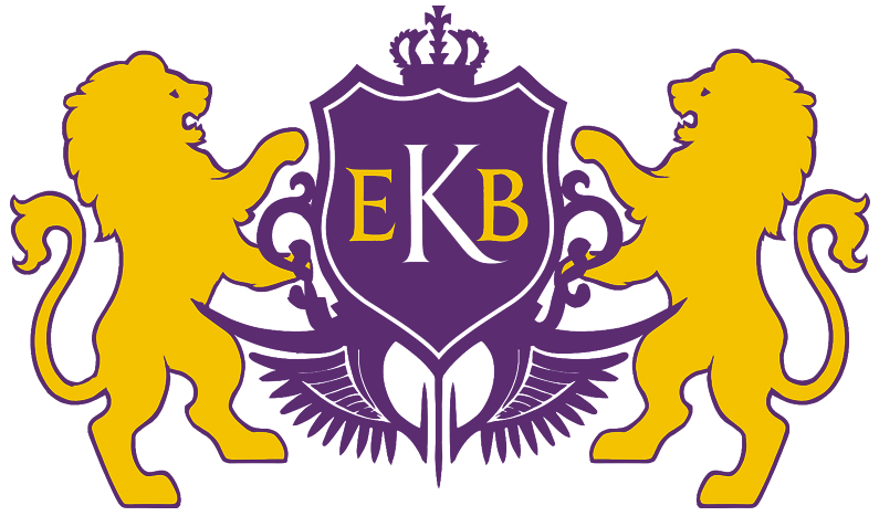 A gold crest featuring two lions flanking a purple shield with a crown on top and the yellow letters