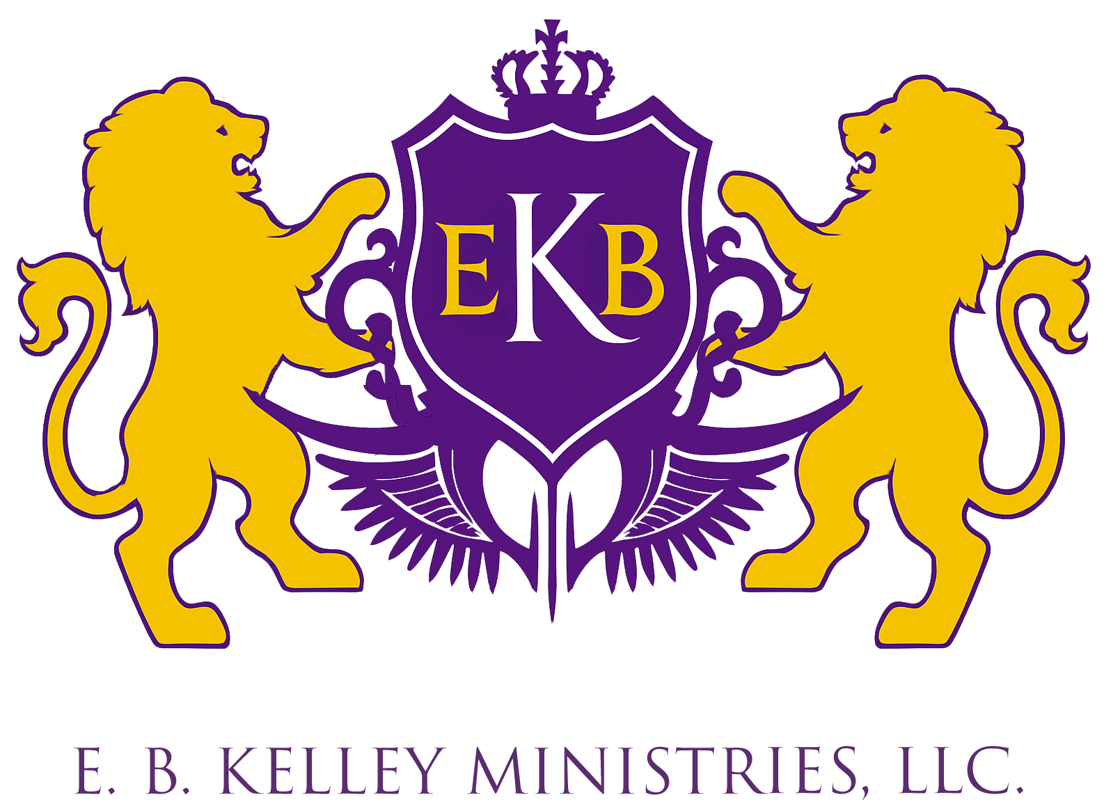 Logo for E. B. Kelley Ministries, LLC: two gold lions flanking a purple shield with a crown and the gold letters EKB.
