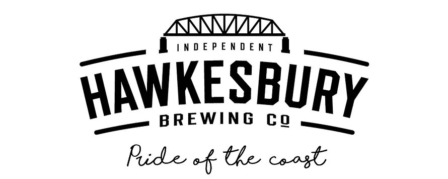 The logo for hawkesbury brewing company is black and white and says `` ride of the coast ''.