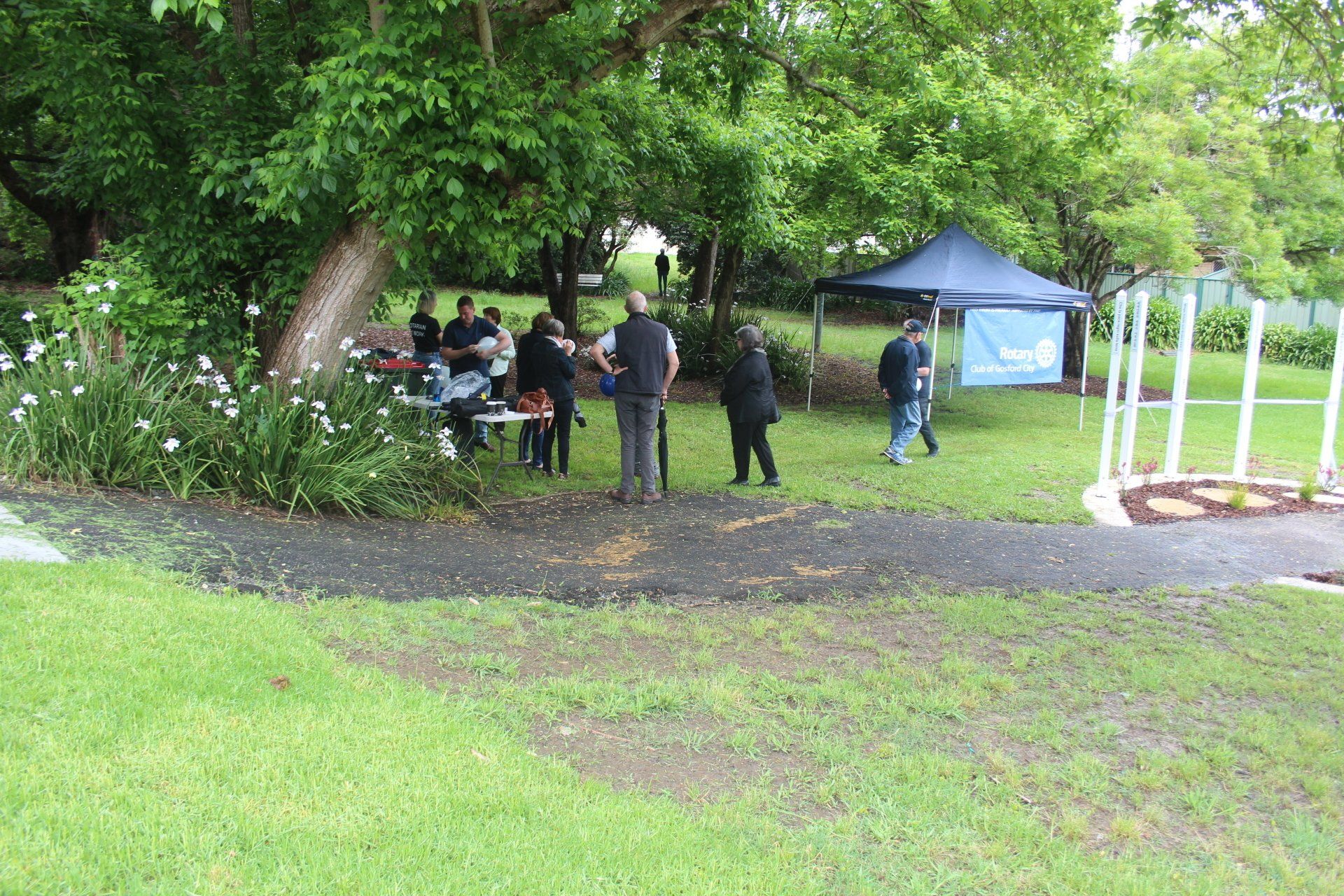 A group of people are standing in a grassy area in a park.