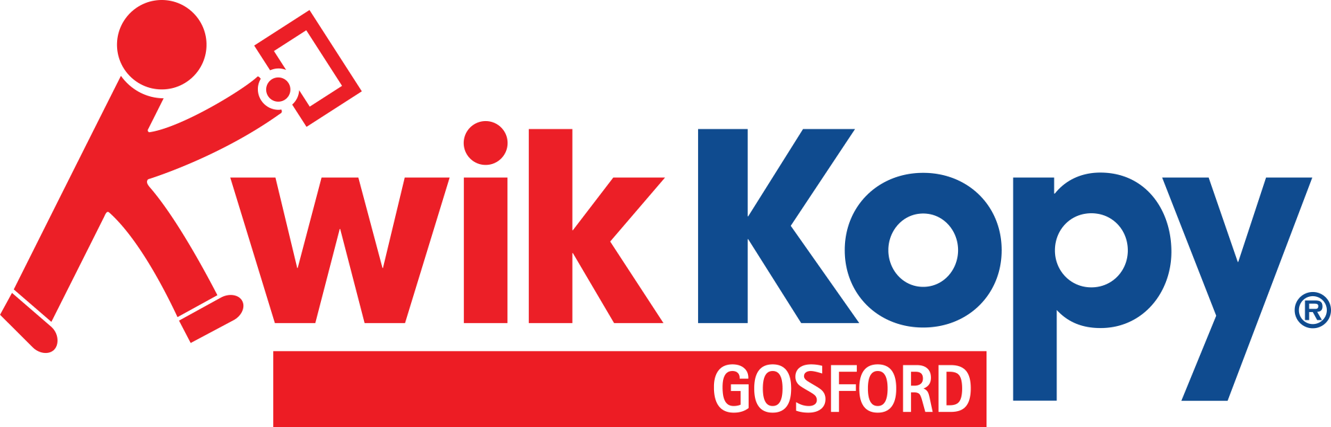 A kwik copy logo with a person holding a pencil